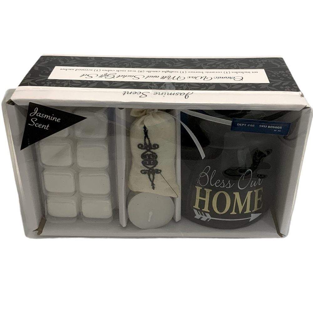 Bless This Home Ceramic Wax Melt Gift Set Burner Cubes Tea Light Sachet Jasmine - Picture 6 of 7